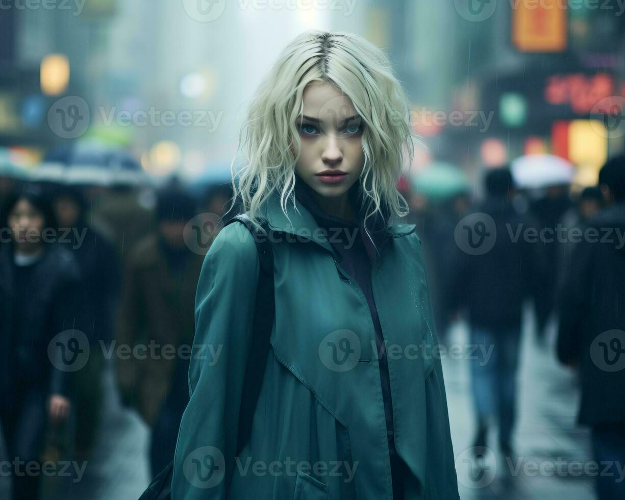 a woman with blonde hair standing in the middle of a city street generative ai photo