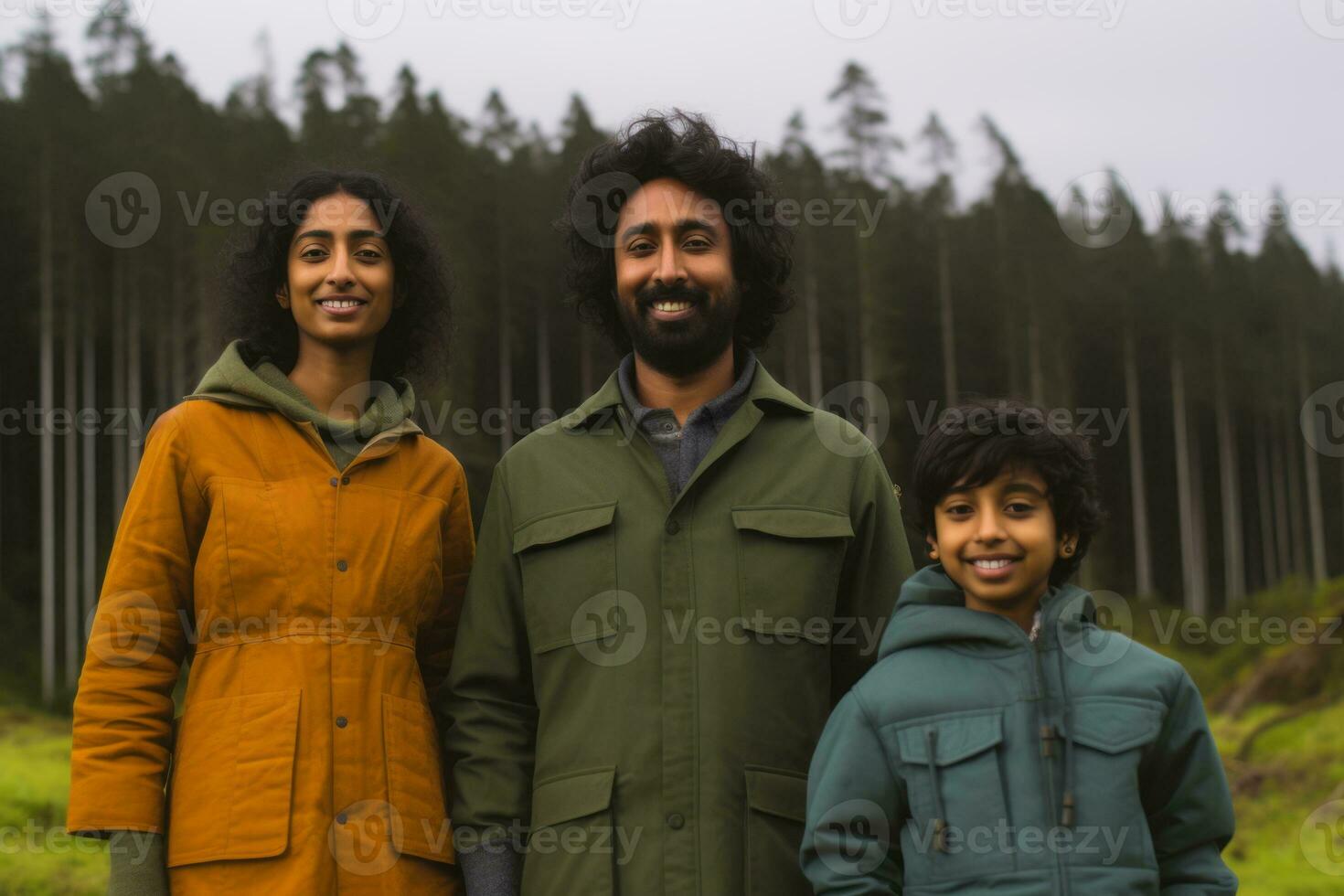 an indian family poses for a photo in a forest generative ai