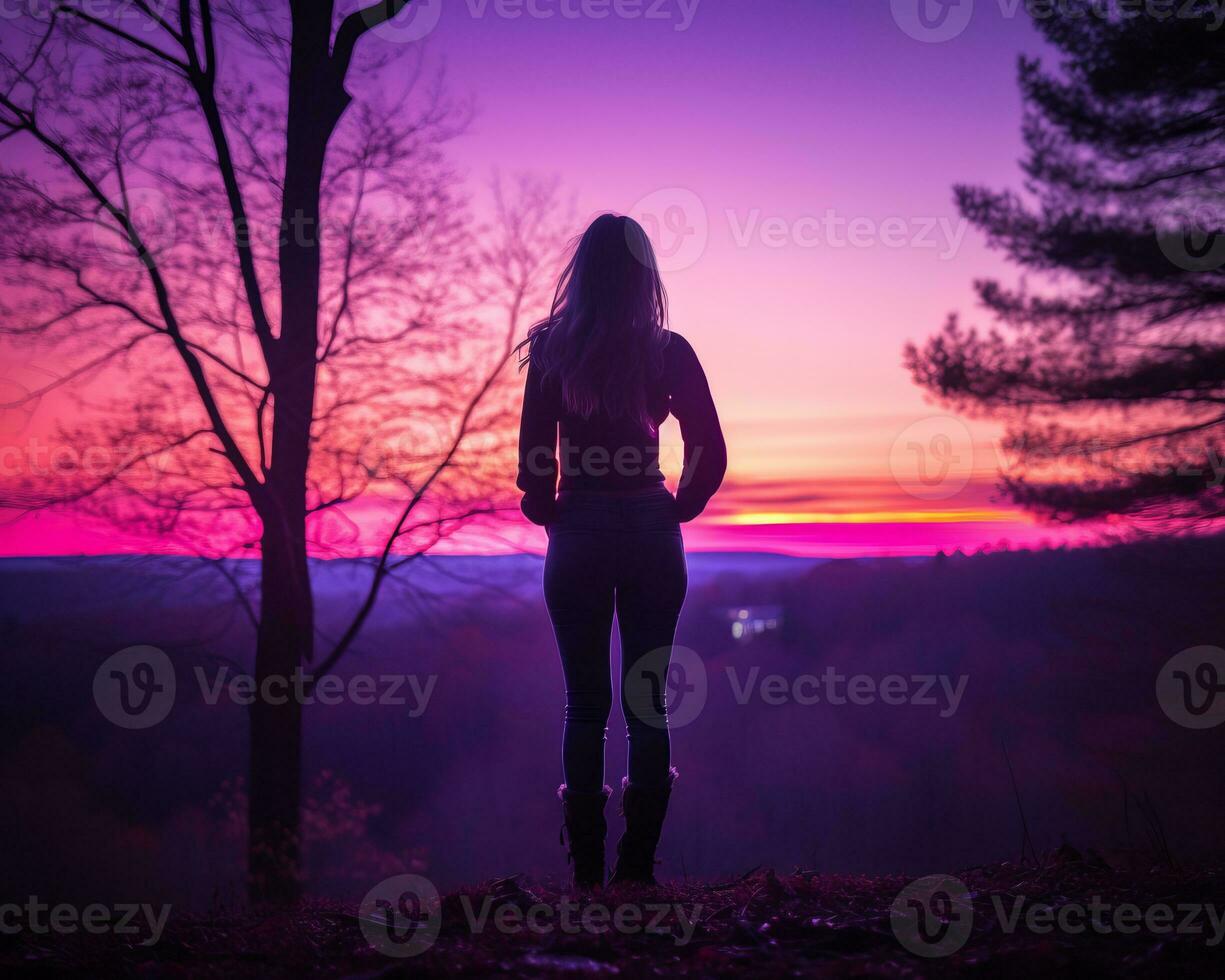 silhouette of a woman standing on a hill at sunset generative ai photo