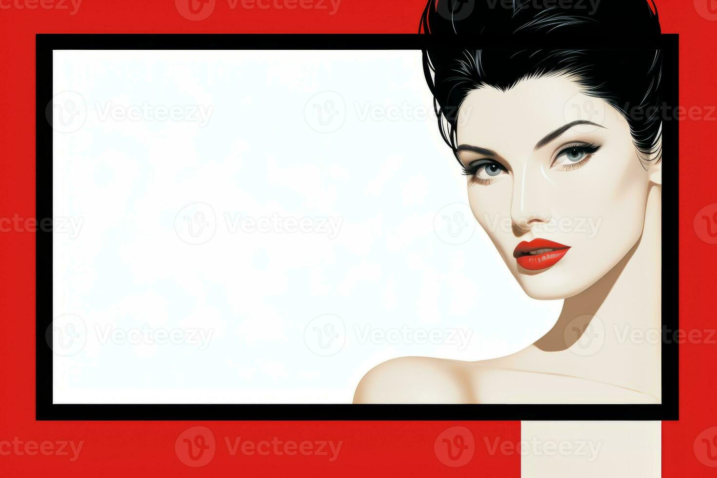 a woman with black hair and red lips is in front of a red background generative ai photo