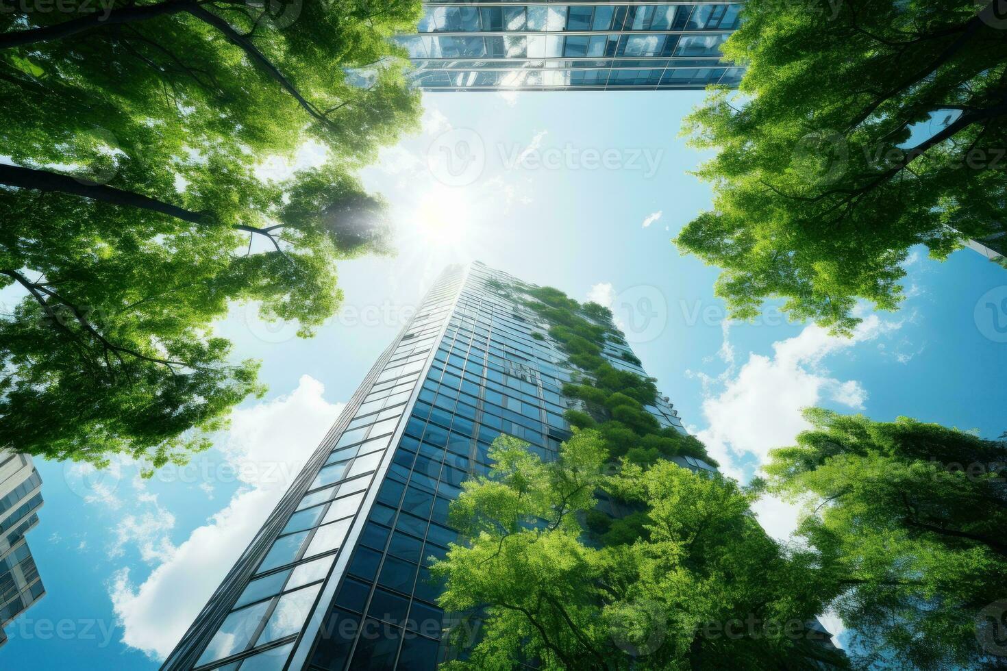 ai generado un imponente rascacielos visto desde un ojo de gusano vista, verde árbol, claraboya exposición. generativo ai foto