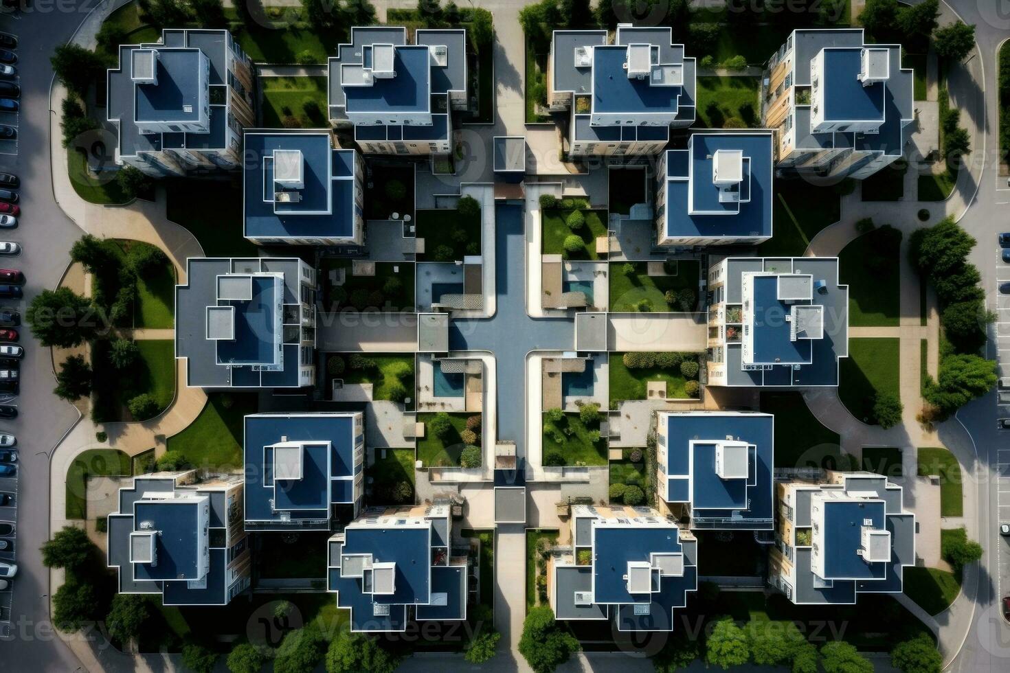 AI generated A towering skyscraper seen from a worm's-eye view, green tree, skylight exposure. Generative AI photo