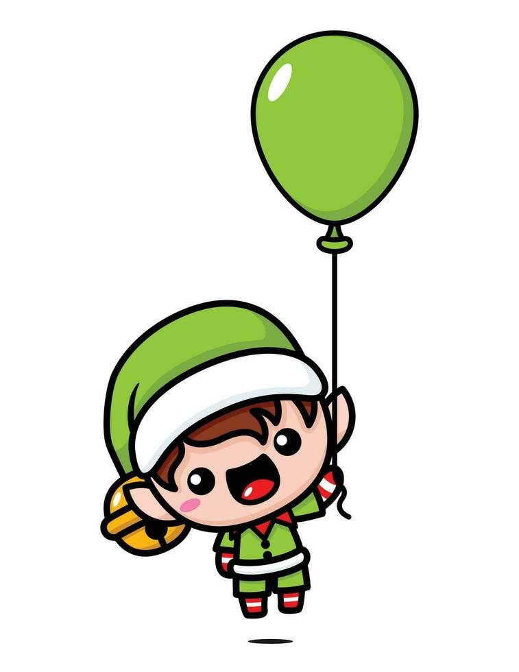 linda y kawaii Navidad duende con globo vector