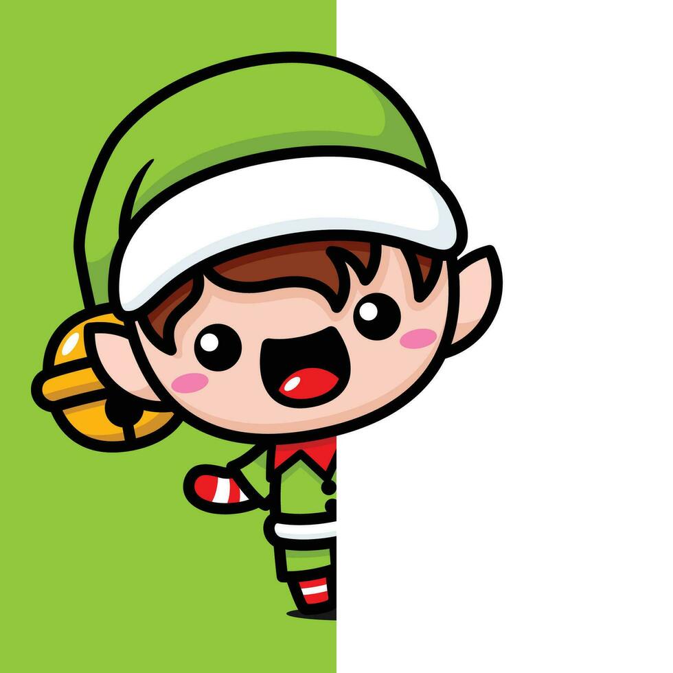 linda y kawaii Navidad duende detrás un pared vector