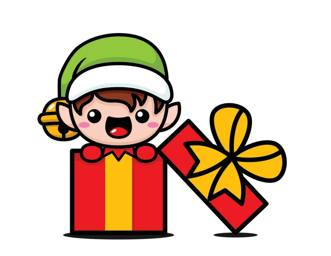 linda y kawaii Navidad duende en un regalo caja vector