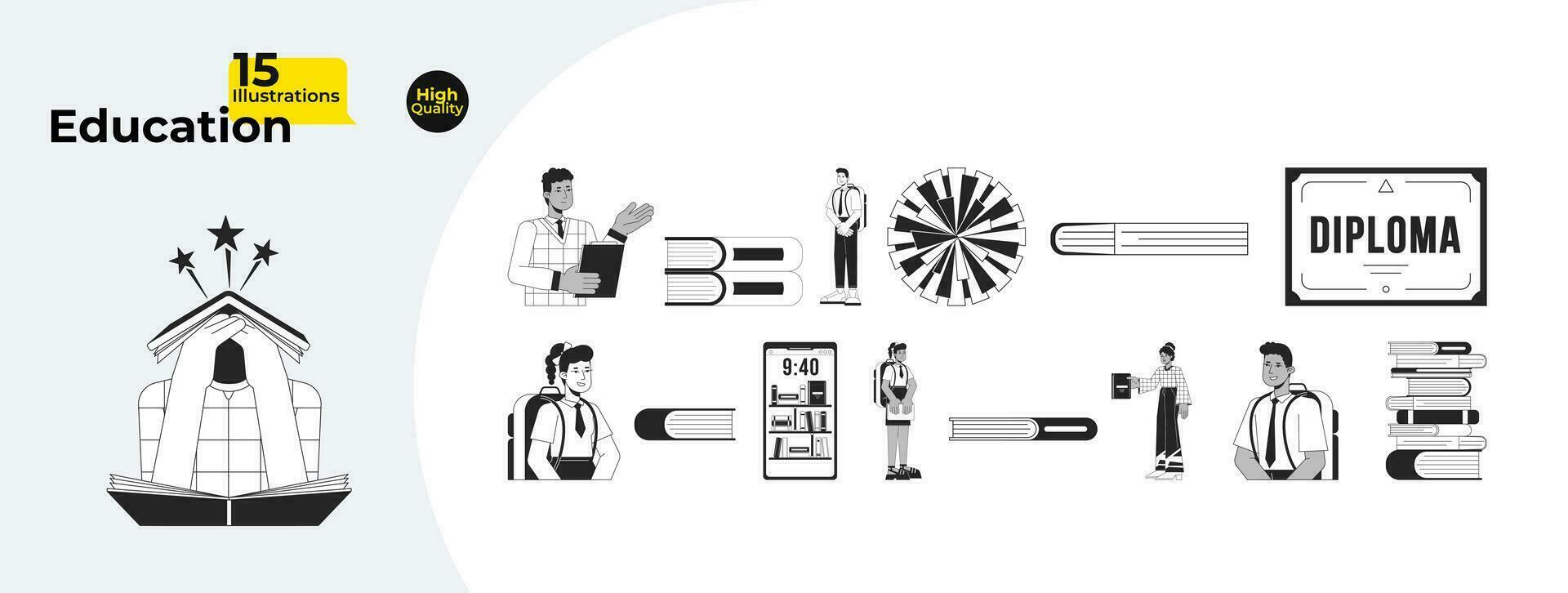 Books students diverse black and white cartoon flat illustration bundle. Online library, teachers, diploma, pompom 2D lineart characters, objects isolated. Monochrome vector outline image collection