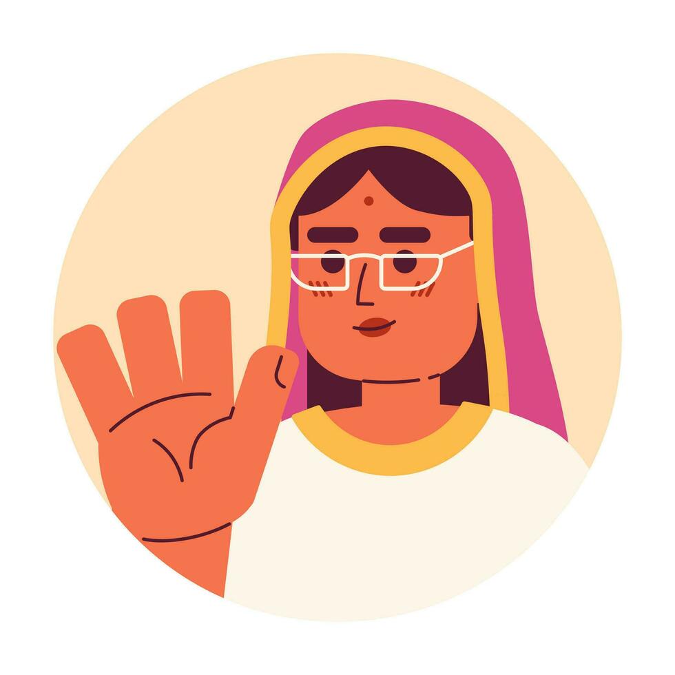 Mid adult hindu woman saying hi hello 2D vector avatar illustration. Goodbye happy eyeglasses lady bindi cartoon character face. Non verbal acknowledge flat color user profile image isolated on white