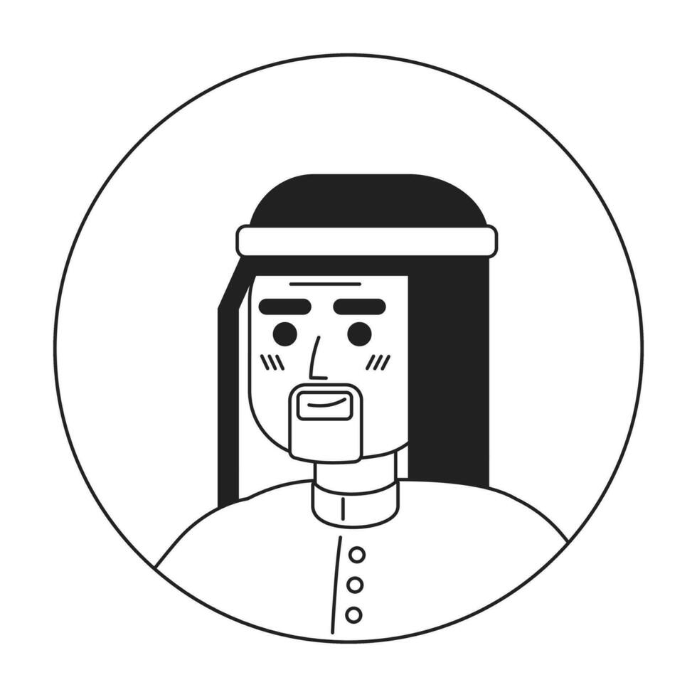 saudi mayor hombre relajado en pie negro y blanco 2d vector avatar ilustración. alegre árabe mayor masculino contorno dibujos animados personaje cara aislado. positivo confidente disparo a la cabeza posando plano retrato