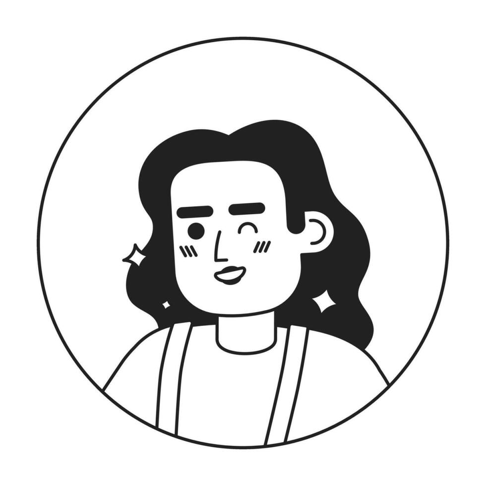 Adult hispanic woman winking expression black and white 2D vector avatar illustration. Sparkle smiling latina outline cartoon character face isolated. Confident friendly flat user profile image