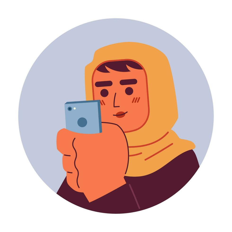 Smartphone woman arab hijab 2D vector avatar illustration. Phone scrolling muslim girl cartoon character face. Mobile internet user headscarf female flat color user profile image isolated on white