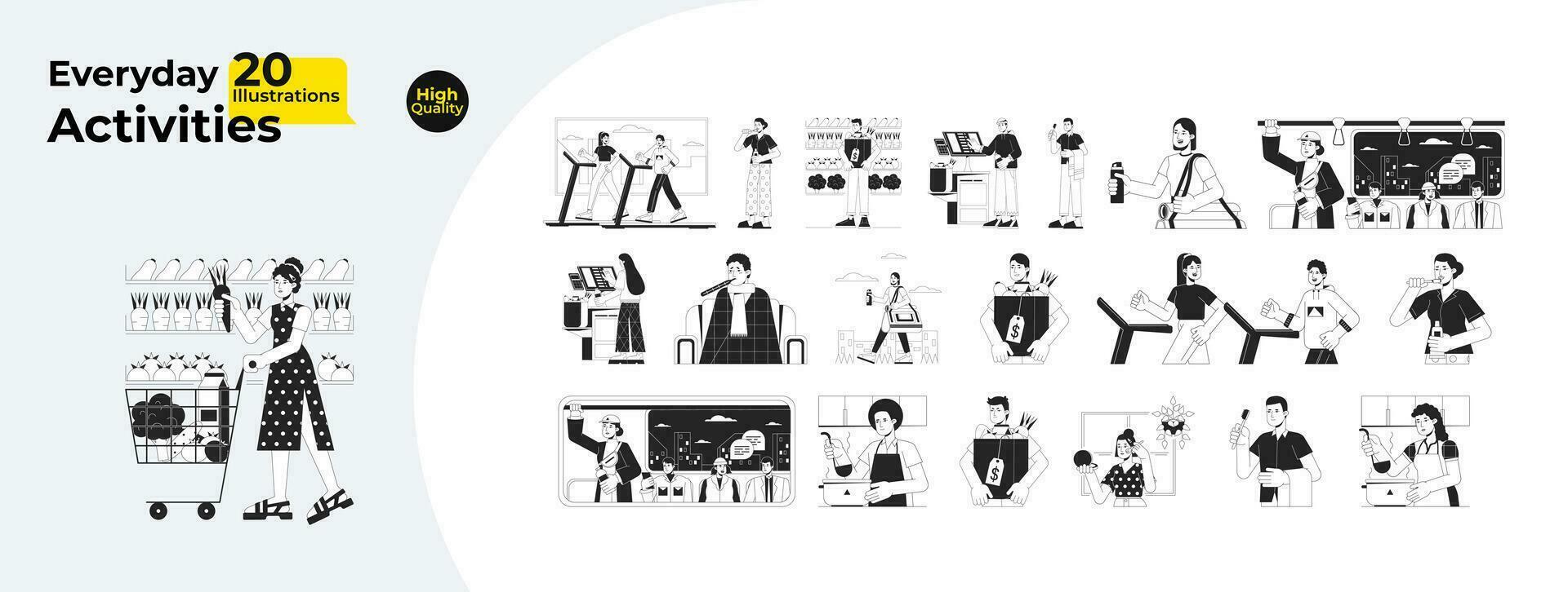 Daily life activities black and white cartoon flat illustration bundle. Asian people routine lifestyle 2D lineart characters isolated. Everyday tasks monochrome vector outline image collection
