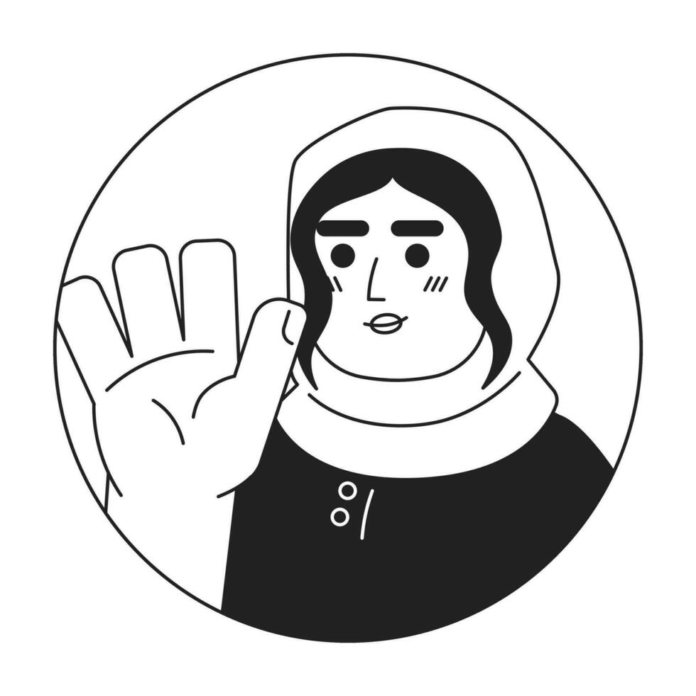 Adult hijab lady saying hi hello black and white 2D vector avatar illustration. Goodbye happy young female arabic outline cartoon character face isolated. Non verbal acknowledge flat portrait