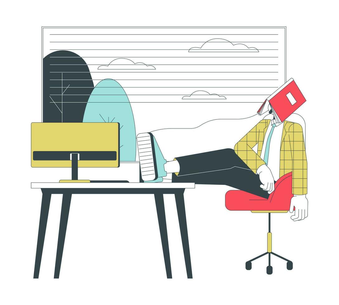 Doing bare minimum at work line cartoon flat illustration. Low-engagement worker putting feet on table 2D lineart character isolated on white background. Quiet quitting scene vector color image