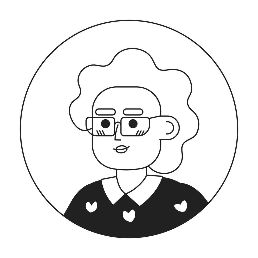 los anteojos abuela relajado sonriente negro y blanco 2d vector avatar ilustración. posando los anteojos retirado mujer contorno dibujos animados personaje cara aislado. positivo disparo a la cabeza retrato plano retrato