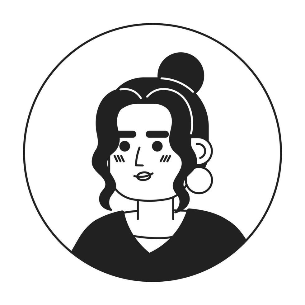 Top knot bun latina pretty smiling black and white 2D vector avatar illustration. Headshot hispanic woman big earring outline cartoon character face isolated. Relaxed pose flat user profile image