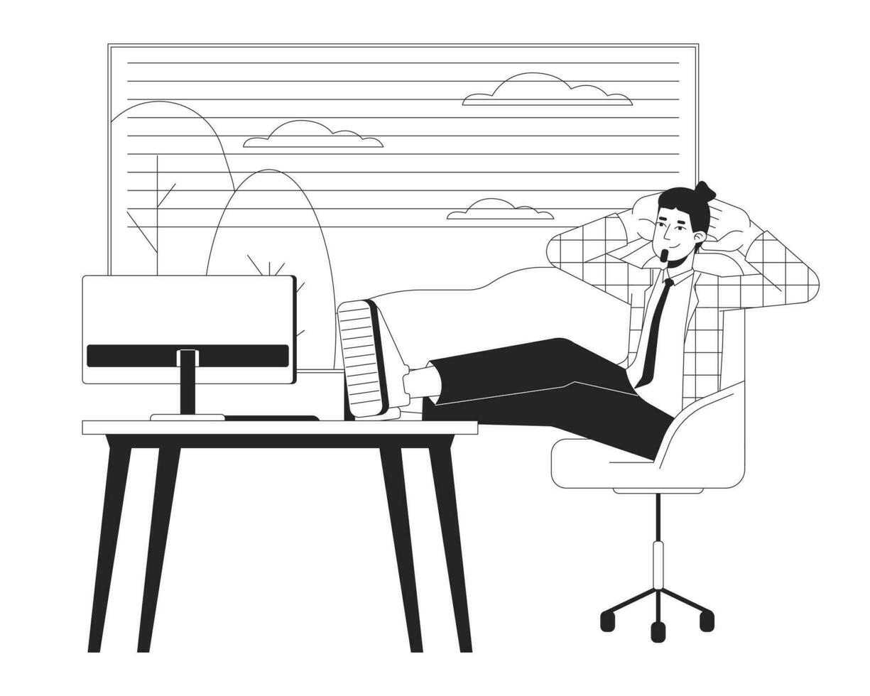 Resting more at work black and white cartoon flat illustration. Caucasian male office worker putting legs on table 2D lineart character isolated. Quiet quitting monochrome scene vector outline image