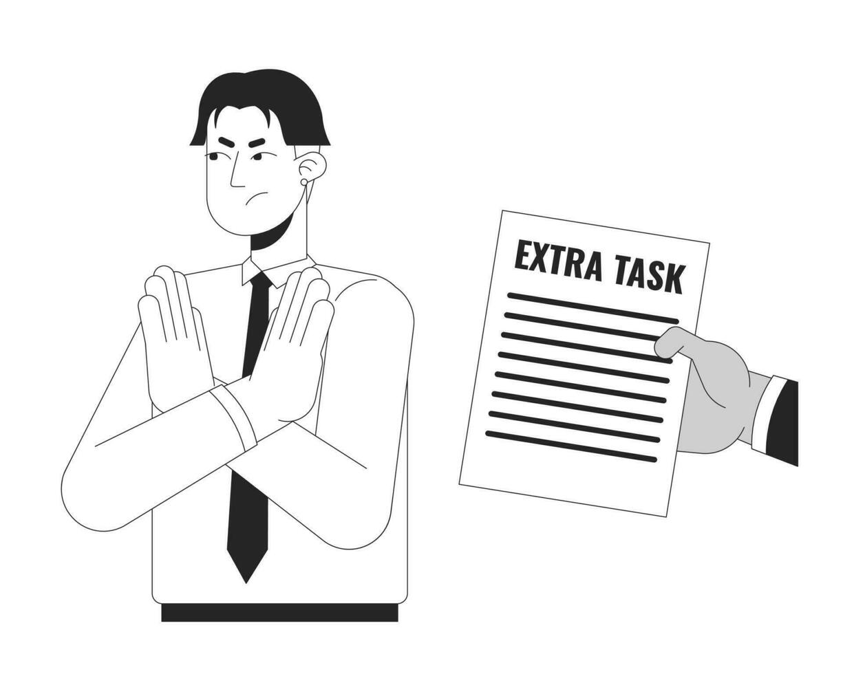Rejecting extra task black and white 2D illustration concept. Gen z employee refuses assignment from boss cartoon outline characters isolated on white. No enthusiasm metaphor monochrome vector art