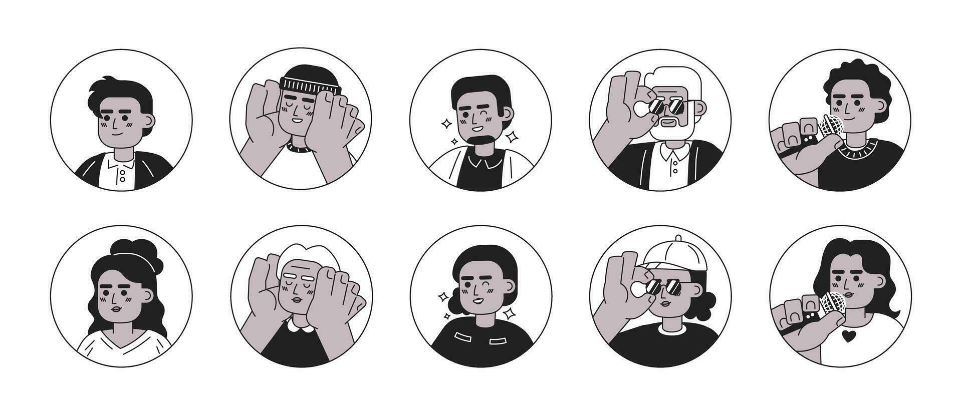 Modern african-american people black and white 2D vector avatars illustration set. Black adults happy outline cartoon character faces isolated. Cheerily flat users profile images collection, portraits