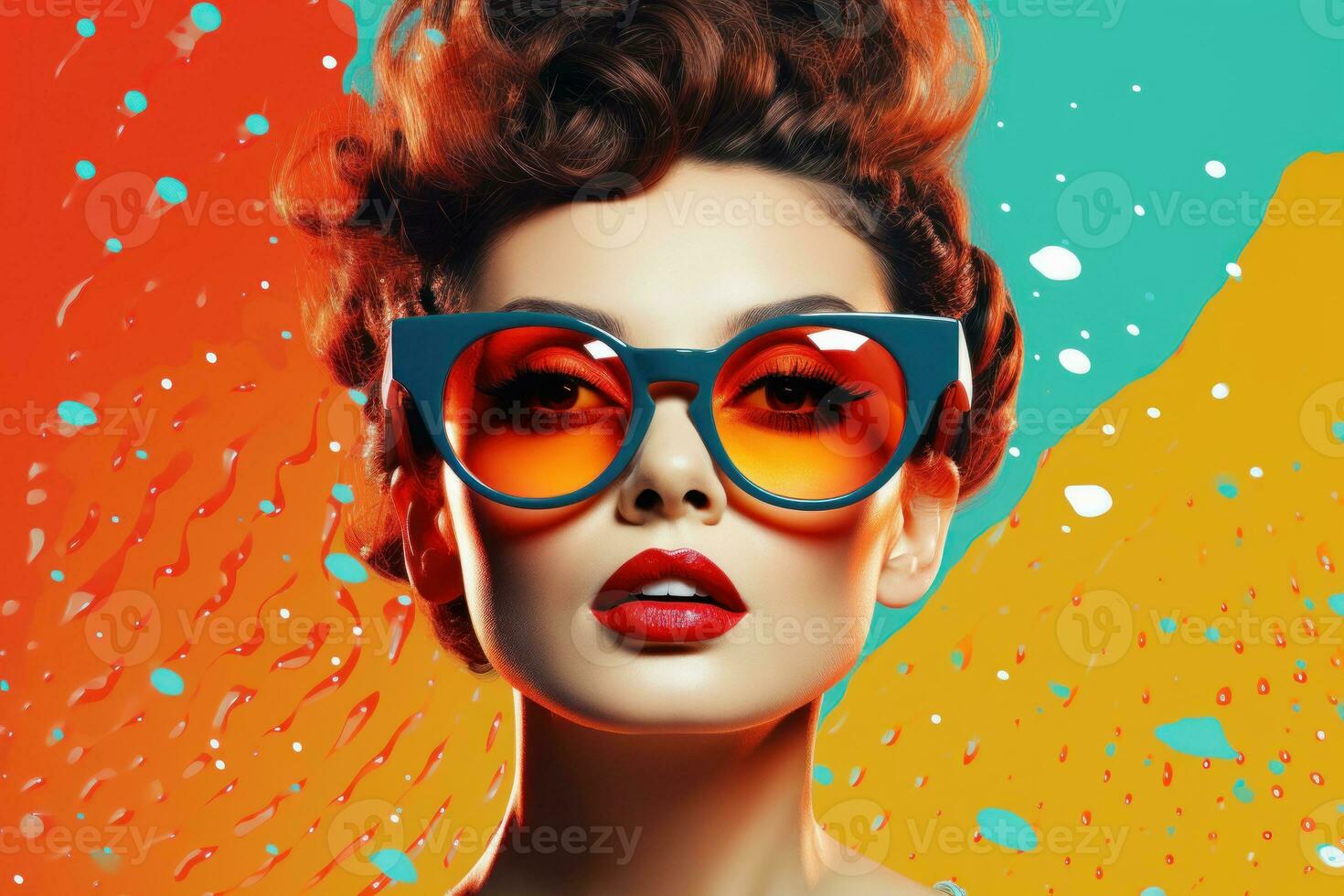 Disco diva retro lady. Girl wearing sunglasses offset risograph. Generative AI photo