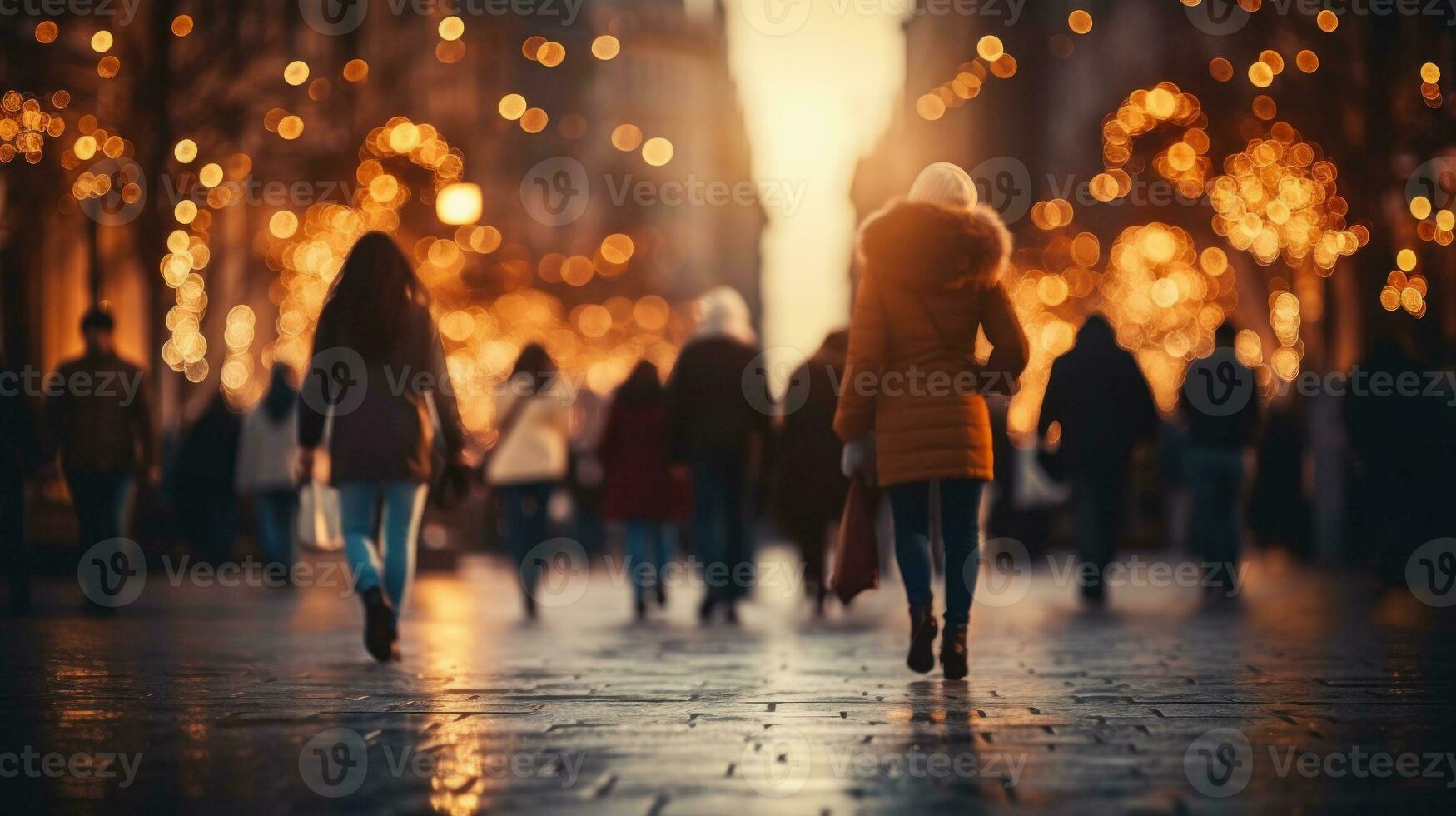 People walking in the city street with bokeh Christmas night. Generative AI photo