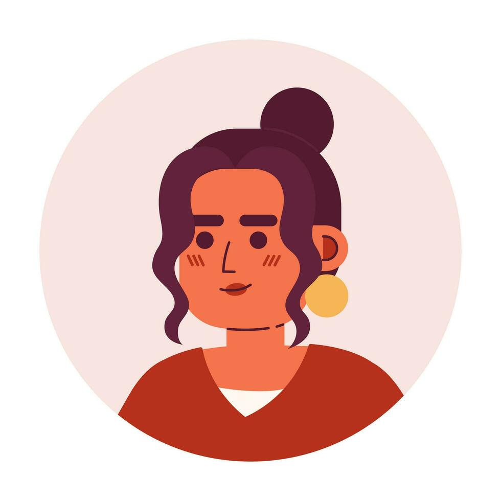 parte superior nudo bollo latina bonito sonriente 2d vector avatar ilustración. disparo a la cabeza Hispano mujer grande arete dibujos animados personaje cara retrato. relajado actitud plano color usuario perfil imagen aislado en blanco