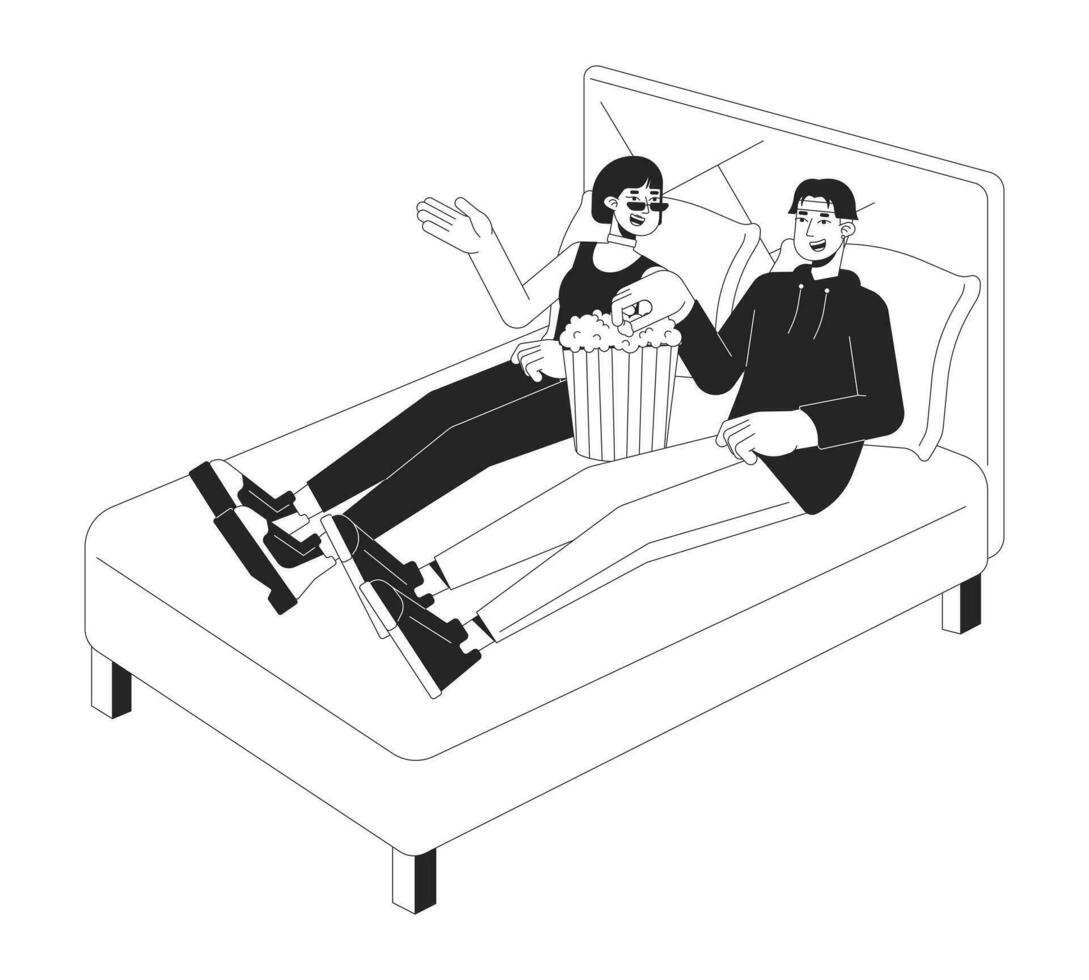 Movie date night at home black and white cartoon flat illustration. Korean couple eating popcorn sitting on bed 2D lineart characters isolated. Home cinema monochrome scene vector outline image
