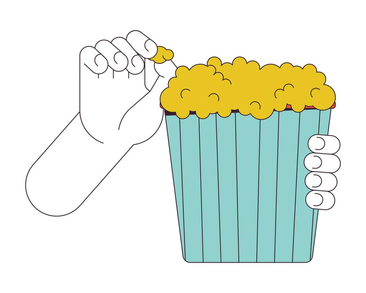 Eating popcorn linear cartoon character hand illustration. Holding bucket with popcorn outline 2D vector image, white background. Eating snacks at movie theater editable flat color clipart