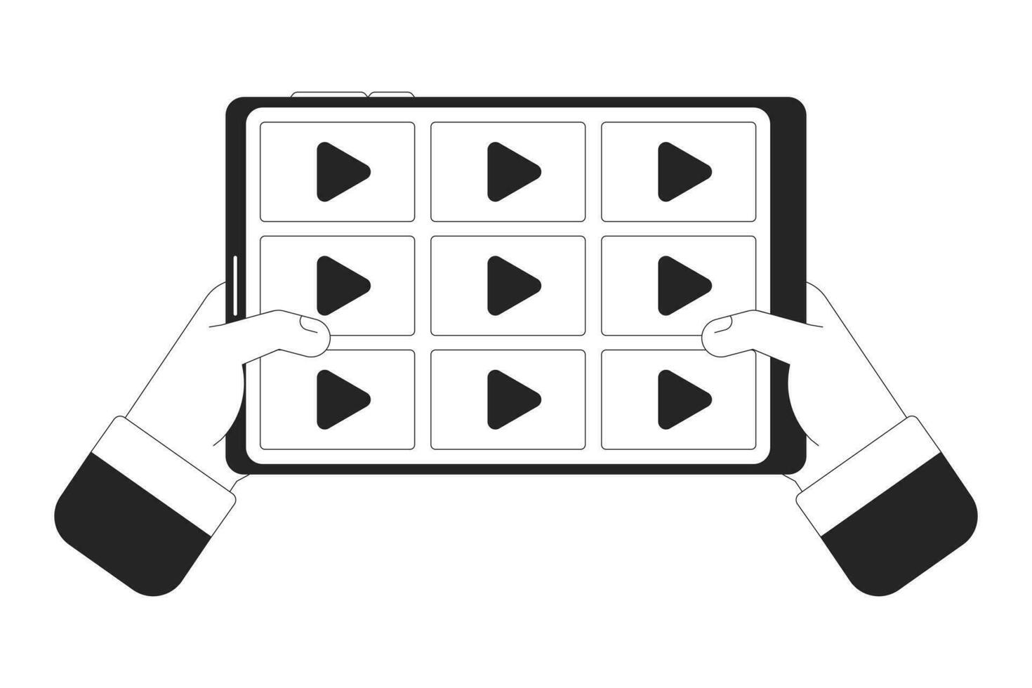TV watching tablet cartoon human hands outline illustration. Watching video streaming app 2D isolated black and white vector image. Entertainment content on gadget flat monochromatic drawing clip art