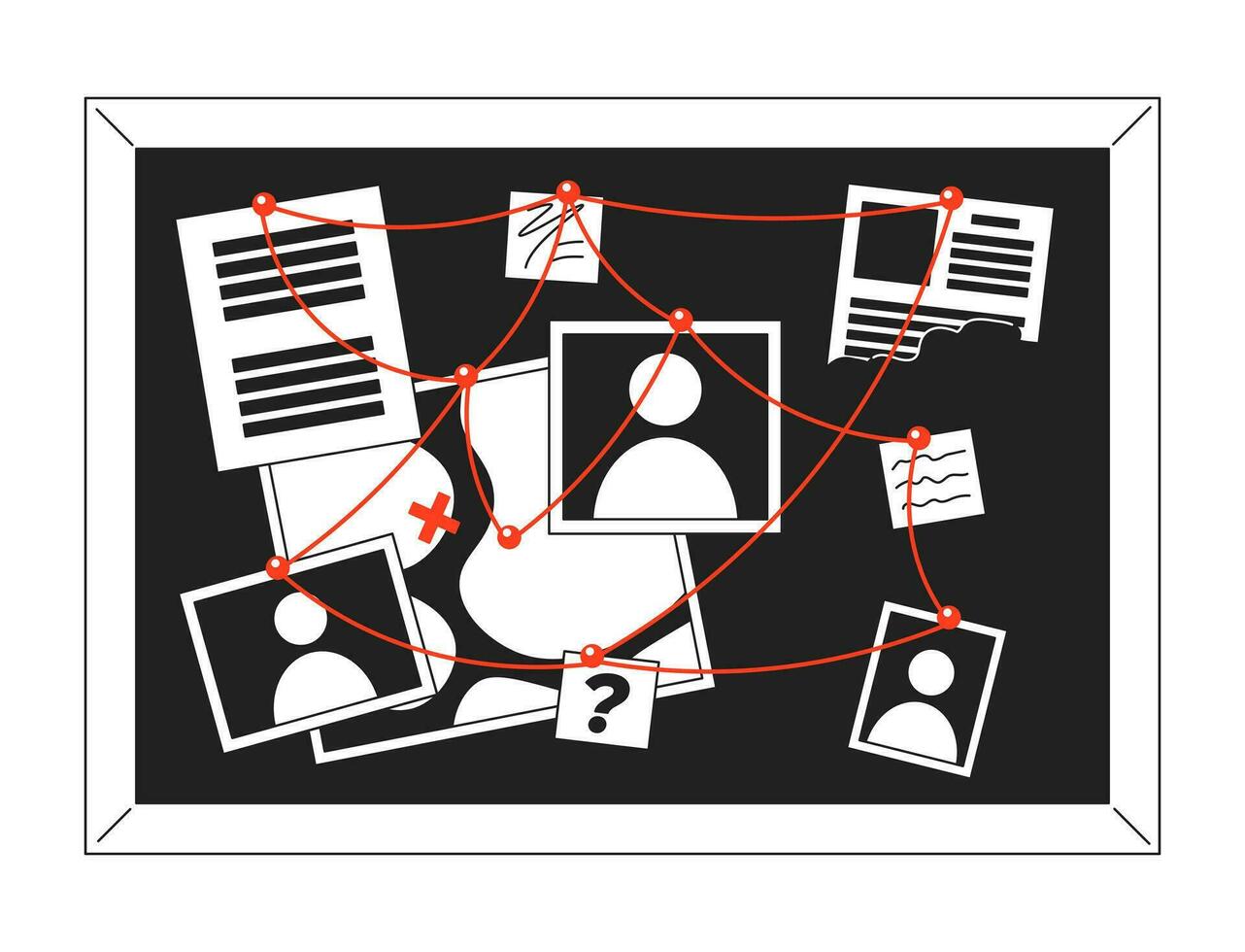Evidence board with red strings black and white 2D cartoon object. Crime accident investigation. Bulletin pinboard isolated vector outline item. Detective board monochromatic flat spot illustration