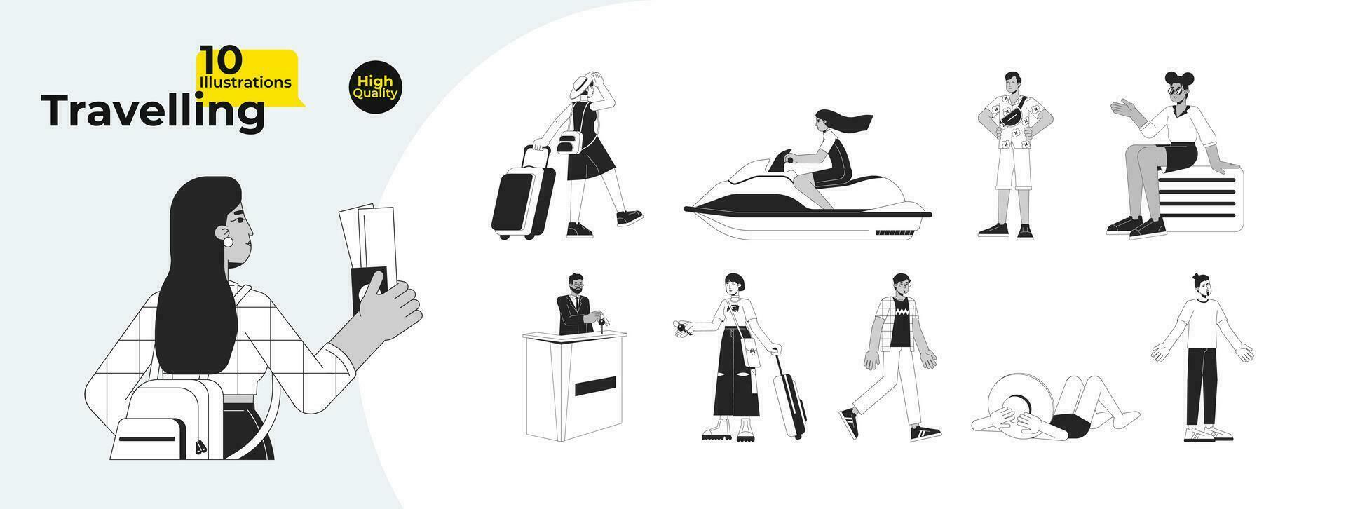 Multicultural tourists travelers black and white cartoon flat illustration bundle. Summer adventure people 2D lineart characters isolated. Vacationers monochrome vector outline image collection