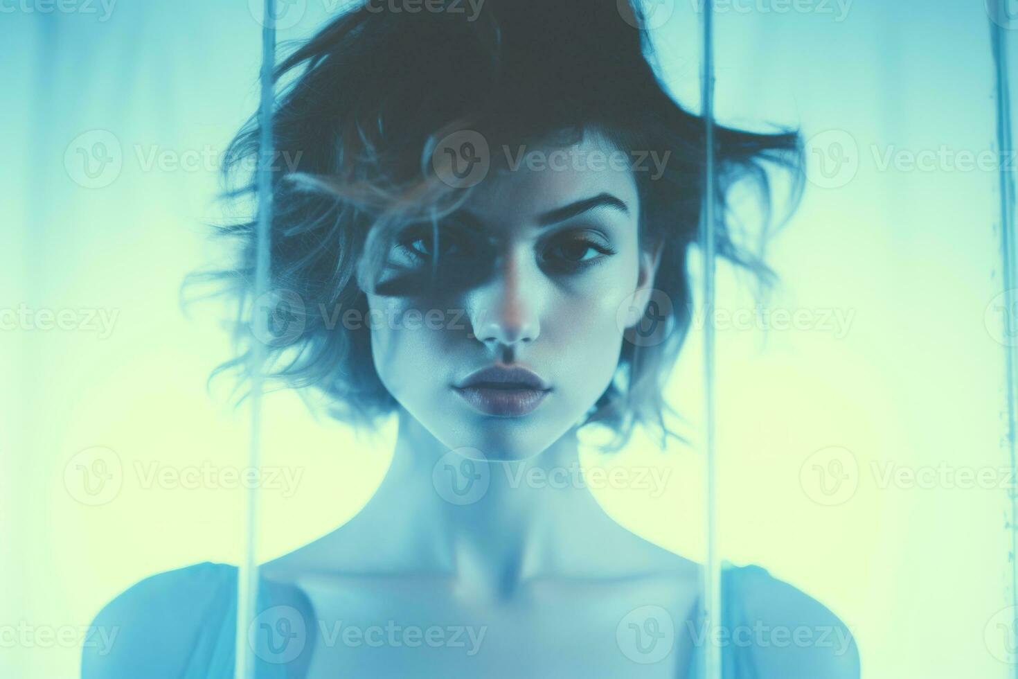 Portrait woman skinny flat background duotone. Generative AI photo