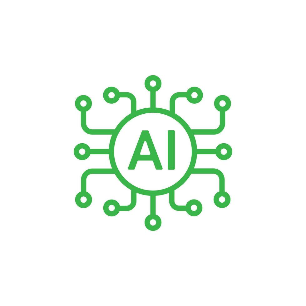 green Artificial intelligence AI processor chip vector line art icon symbol for graphic design, logo, web site, social media. data outline symbol isolated on white background