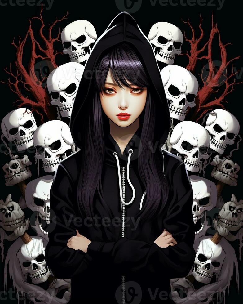 a girl in a hoodie surrounded by skulls generative ai photo