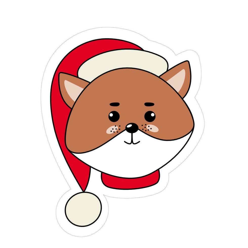 the red cute isolated vector fox  in the santa red hat for christmas cards and stickers