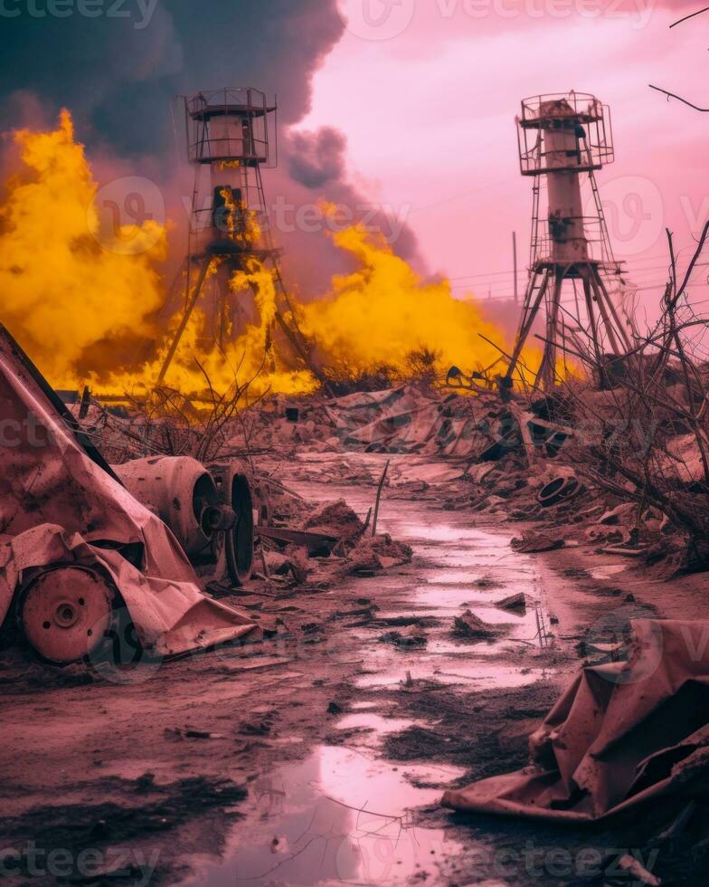 un imagen de un abandonado fábrica con fumar viniendo fuera de eso generativo ai foto