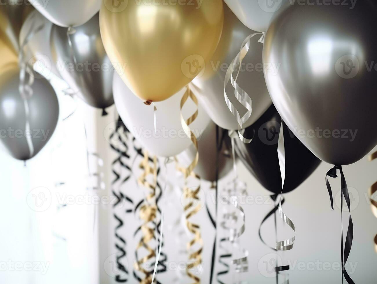 AI Generated AI generation. White, black, gold and silver balloons and confetti on white background photo