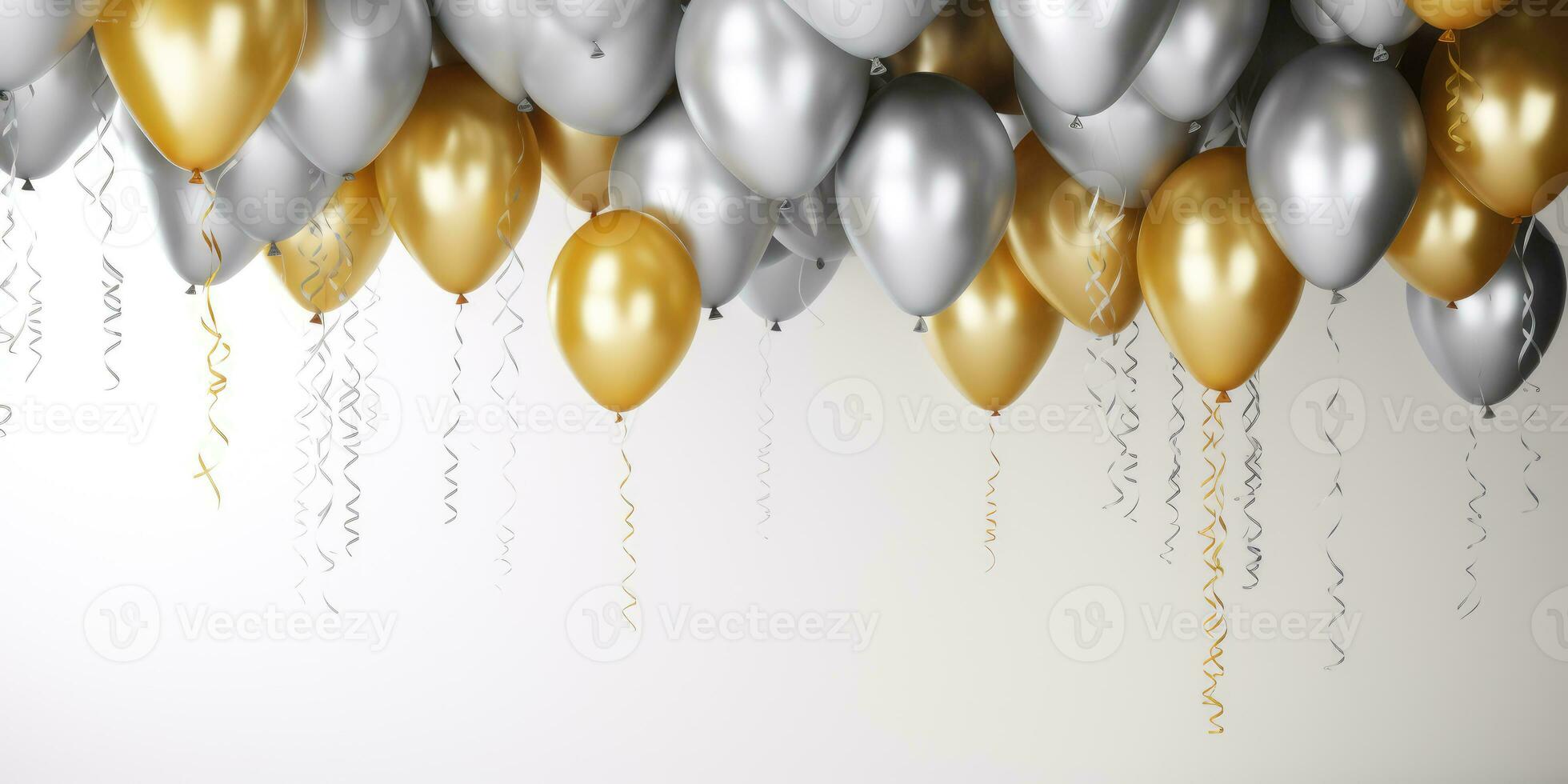 AI Generated AI generation. White, gold and silver balloons on white background. Holiday and photo