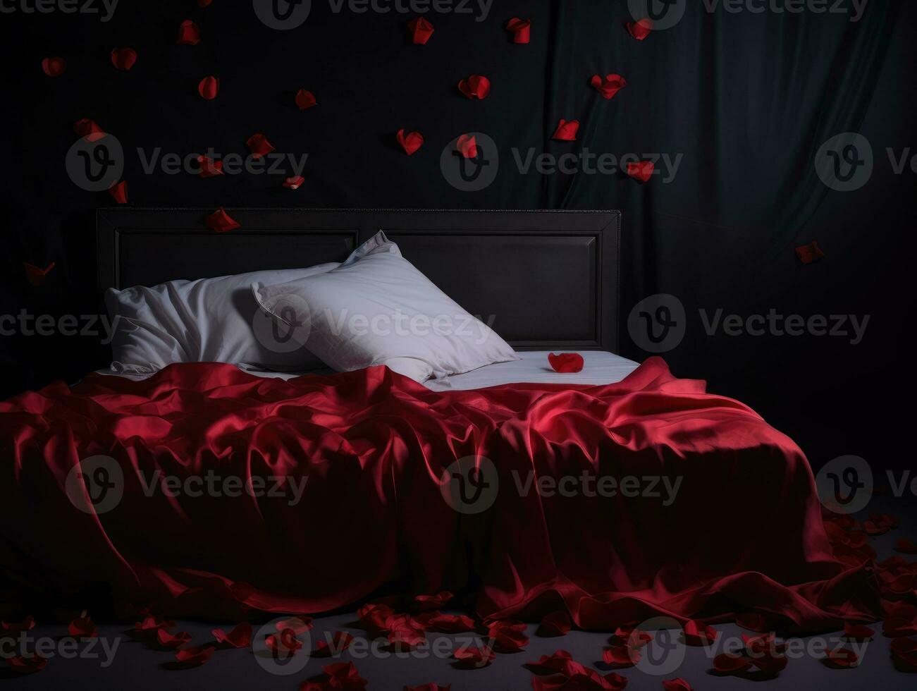 AI Generated AI generation. Romantic Valentines Day background with bed with red linens, rose petals photo