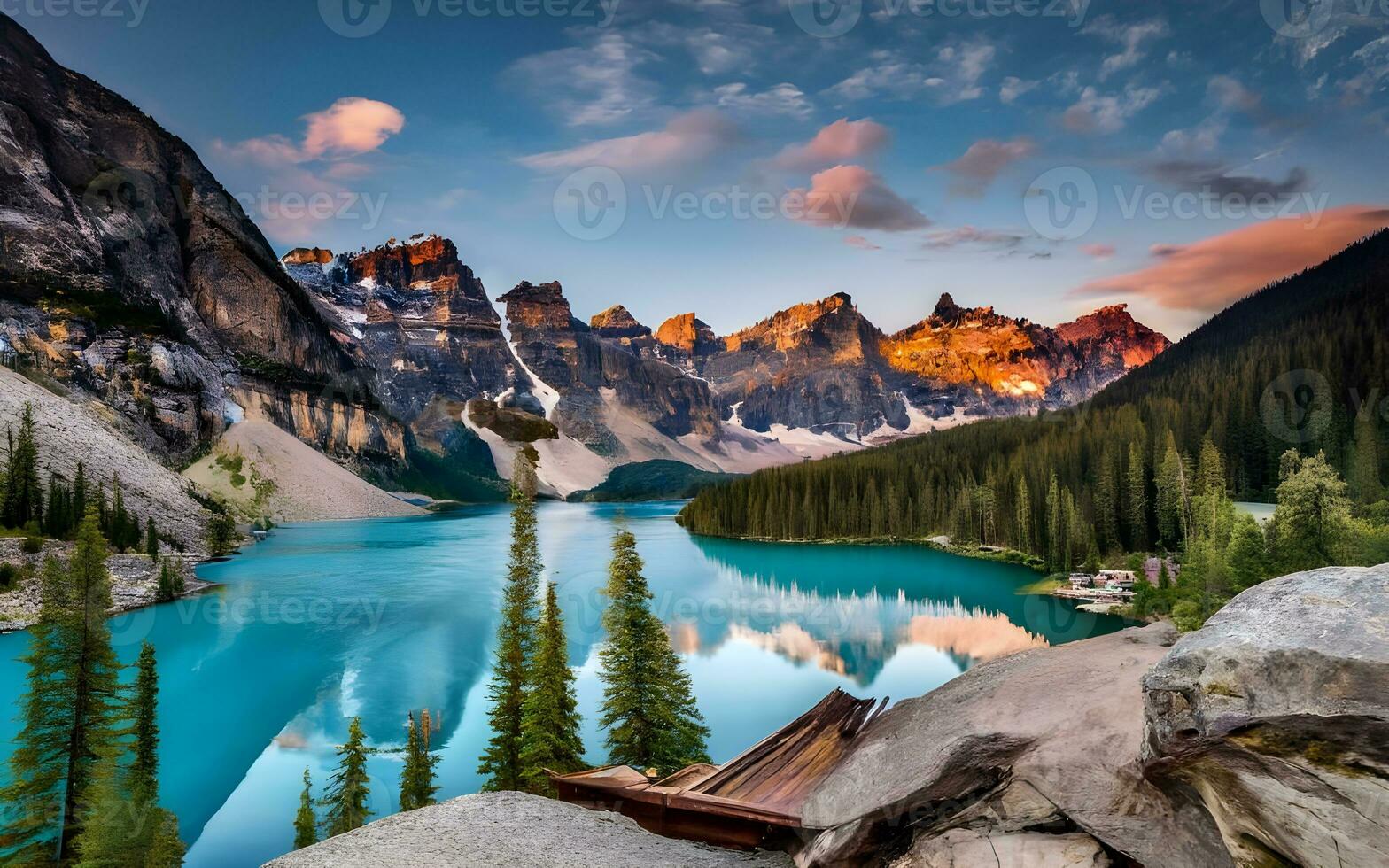 ai generado sereno puesta de sol reflexiones, un majestuoso alpino lago desvela de la naturaleza belleza foto
