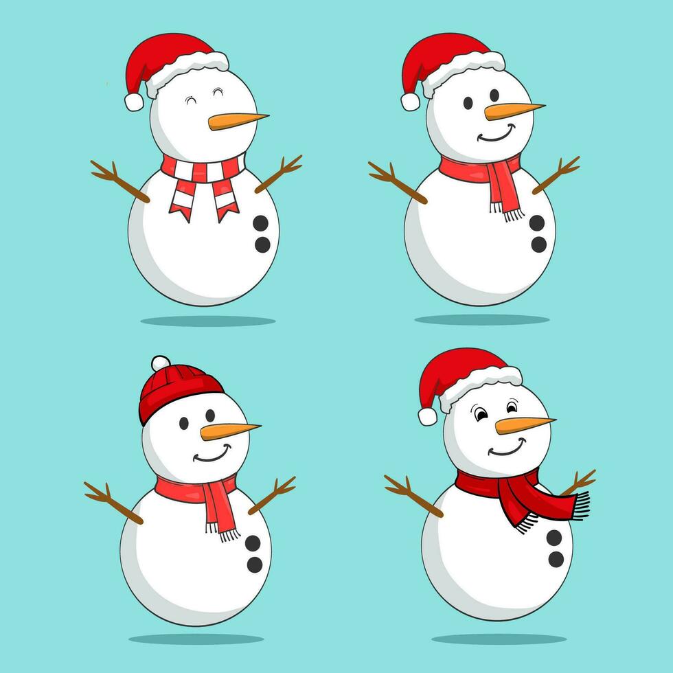 Set of snowmen.collection of funny snowmen in hats wrapped in scarves. vector