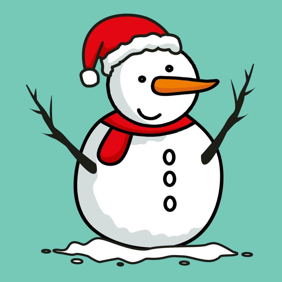 hand drawn snowman with santa claus hat illustration vector