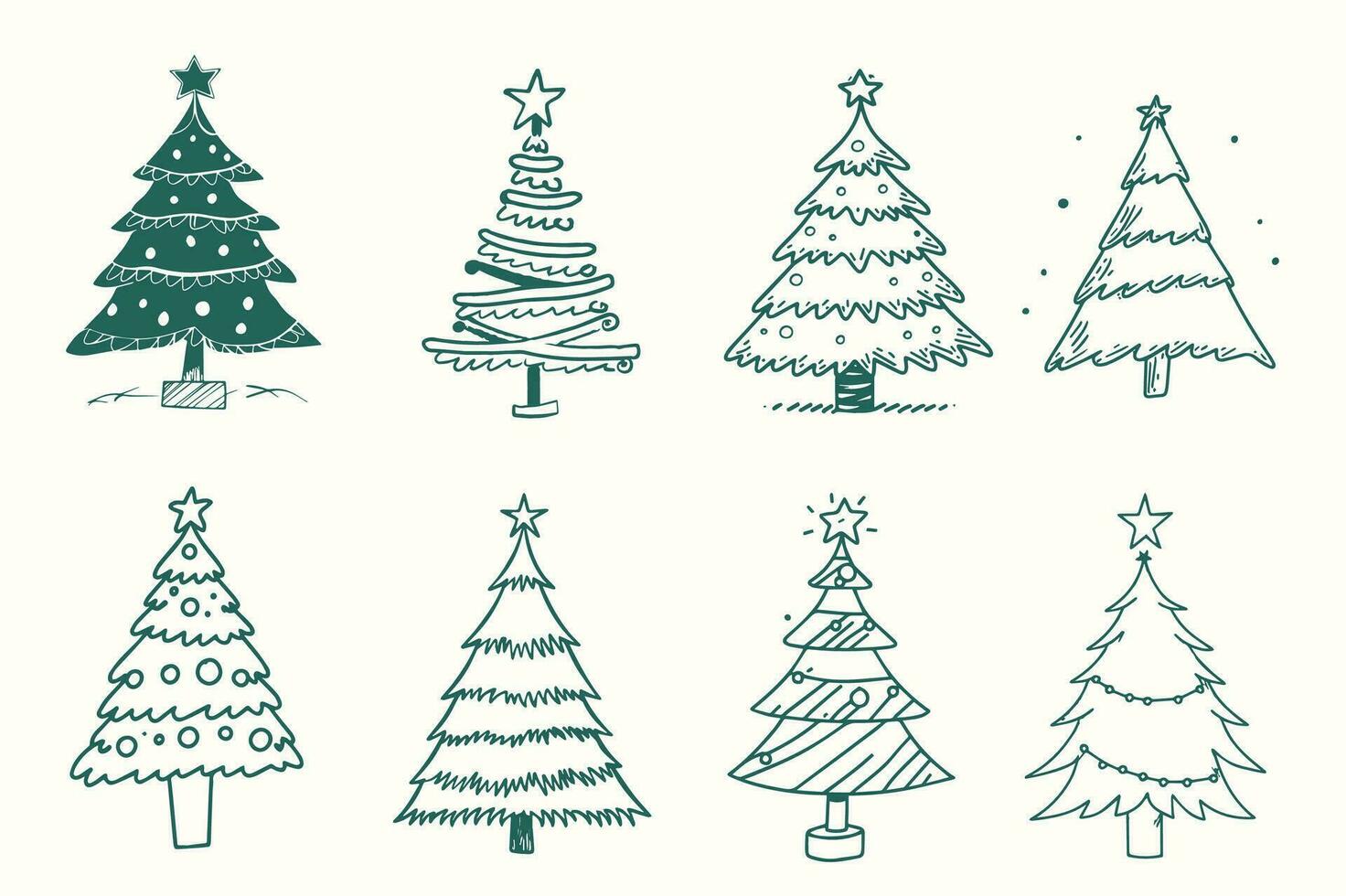 Christmas hand drawn tree set design elements isolated on white background vector