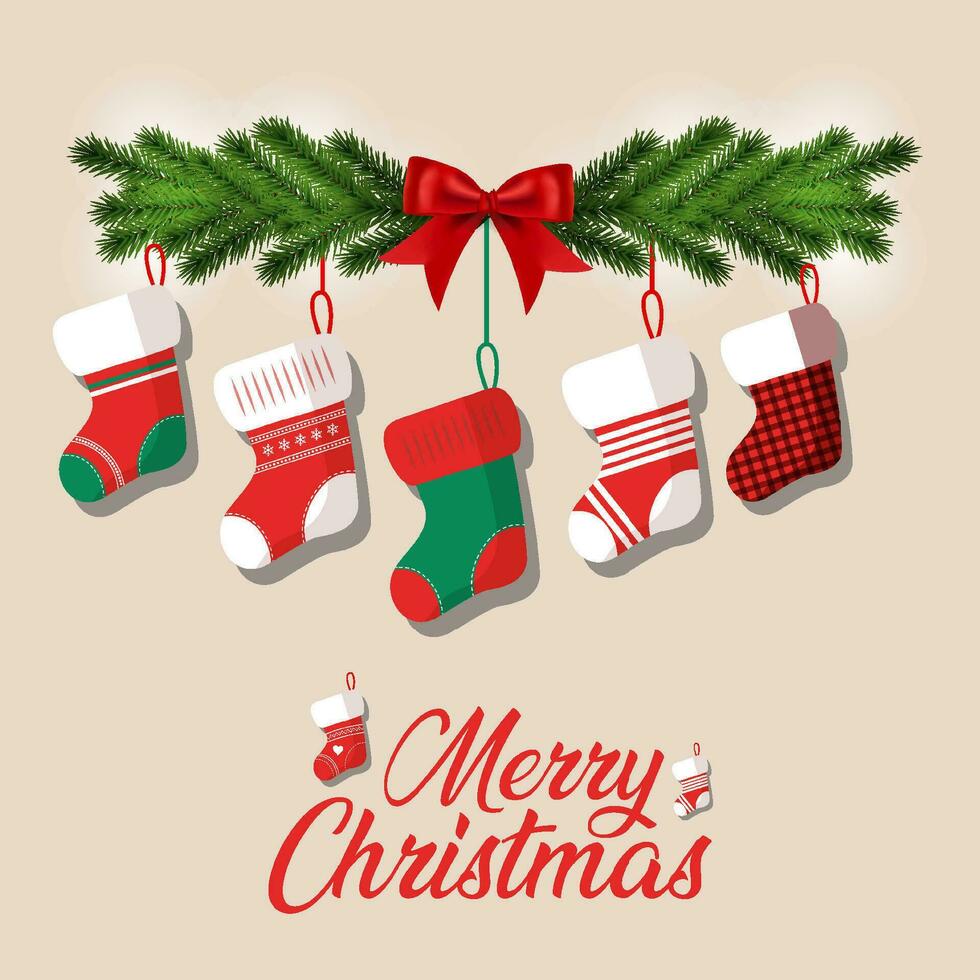 Happy merry stockings card background with christmas stockings hanging on christmas tinsel vector