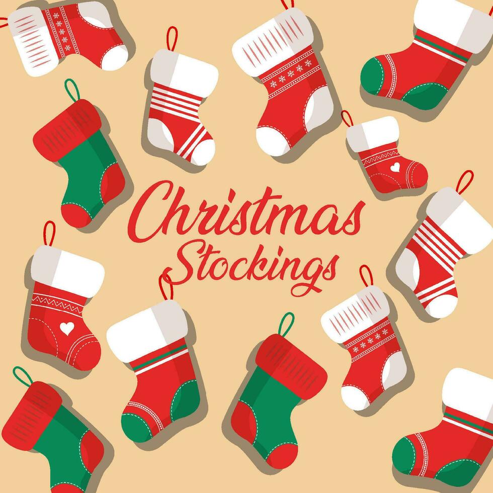 Colorful red and green christmas stockings collection isolated on white background vector