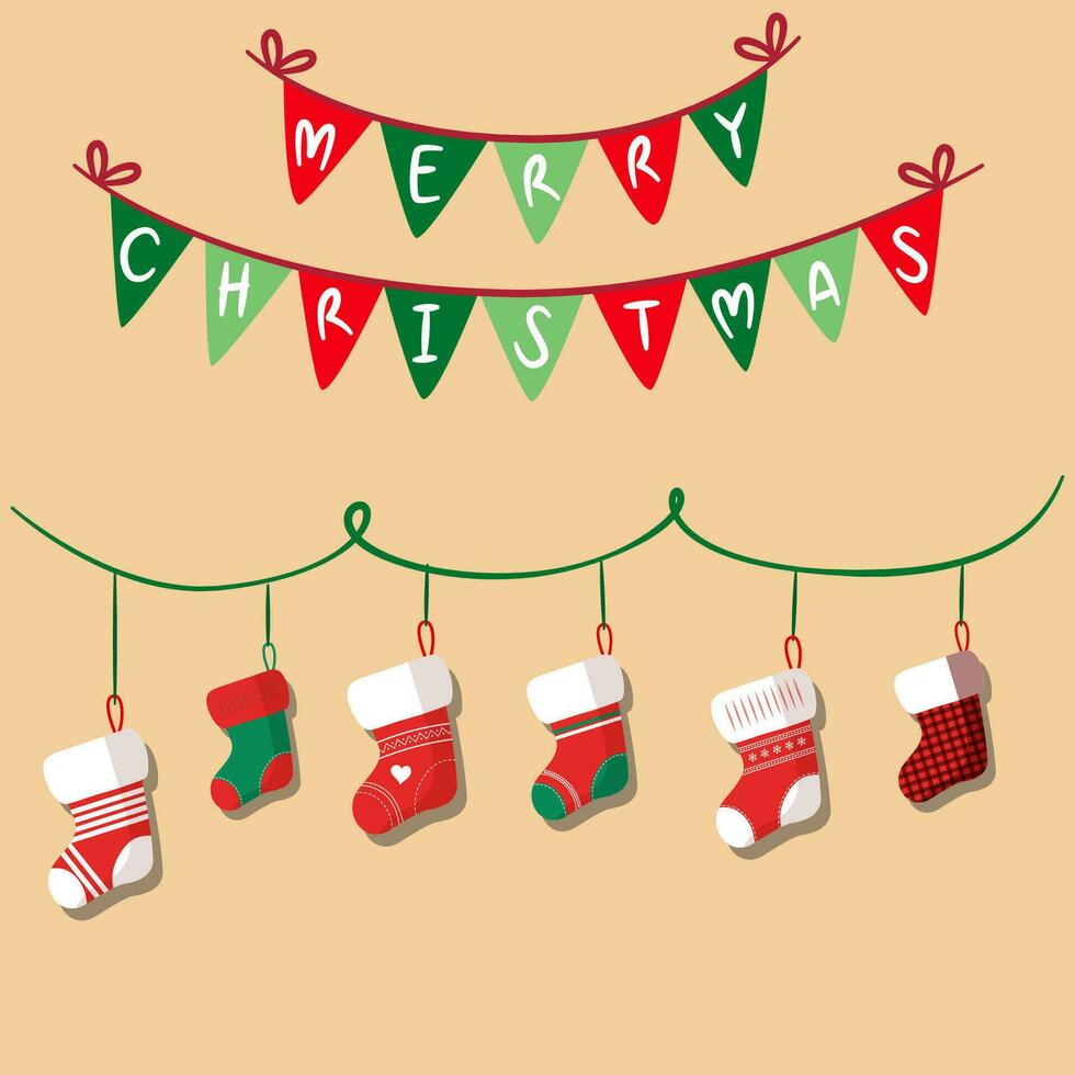 Merry christmas card background with christmas stockings hanging vector