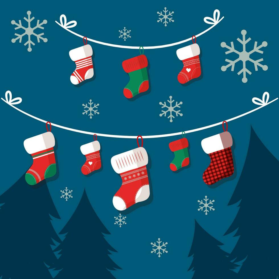 Winter merry christmas card background with stockings hanging and snowflakes vector