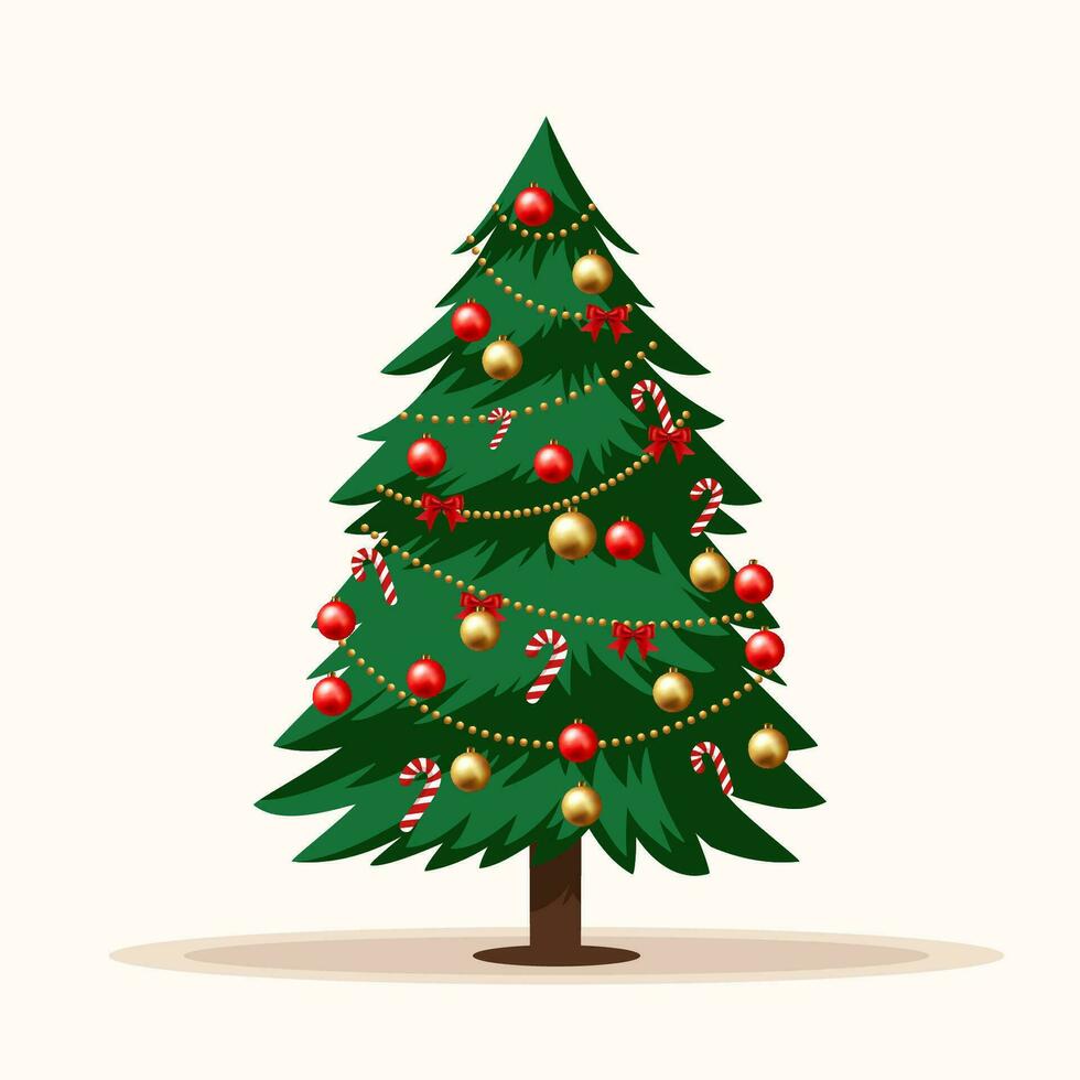 Realistic christmas tree illustration decorated with christmas bauble and candy vector