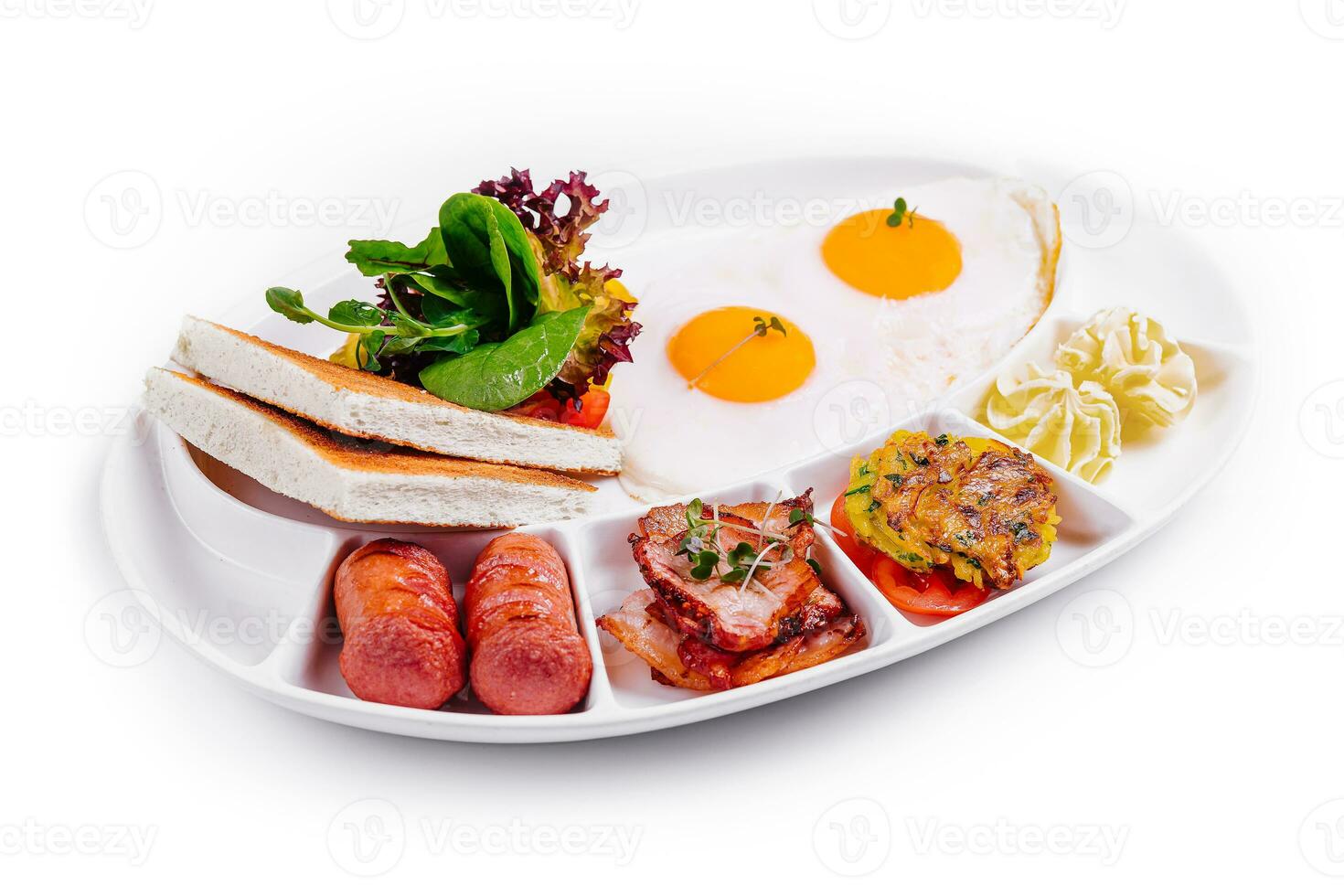 English Breakfast with Sausages, Bacon, and Toast photo