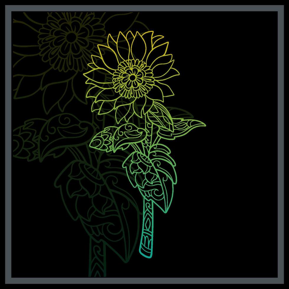 Gradient Colorful Sun flower mandala arts isolated on black background. vector