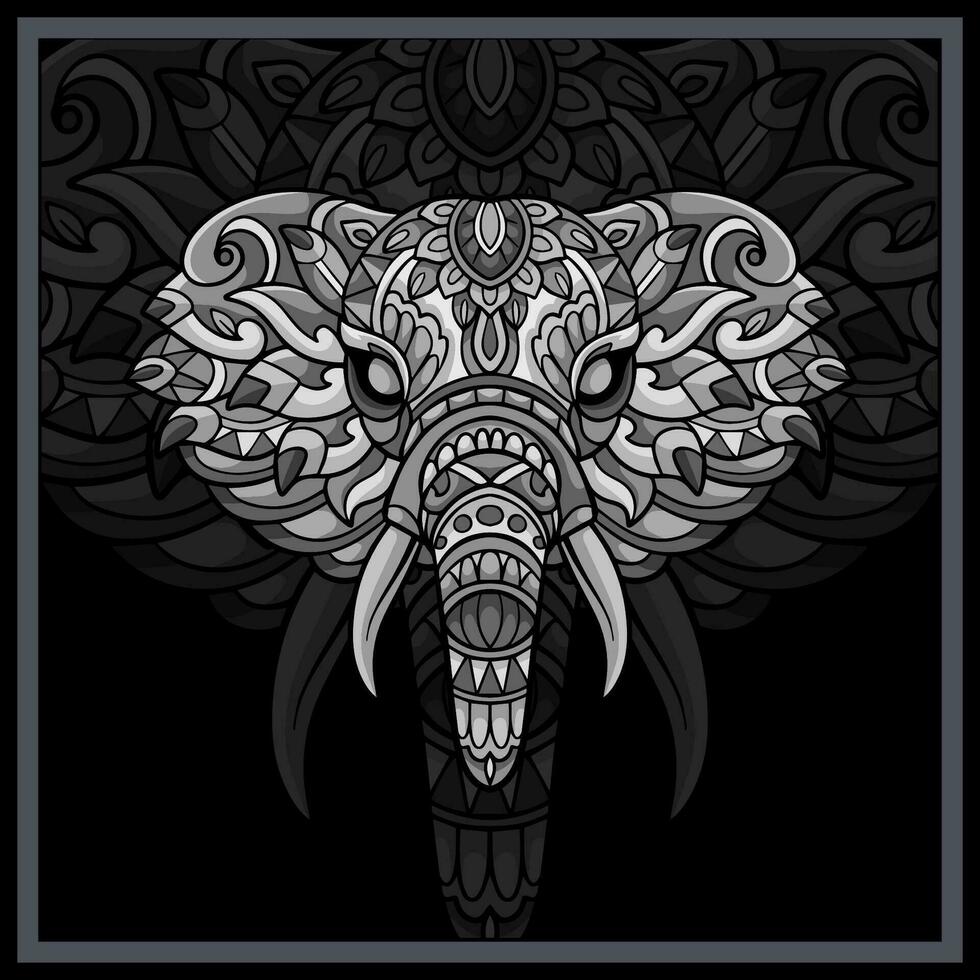 Monochrome Elephant head mandala arts isolated on black background. vector